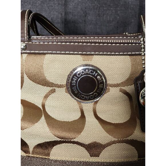 Coach F19046 Authentic Brown & Tan Signature C Stripe Shoulder Tote Purse Bag - Picture 2 of 8